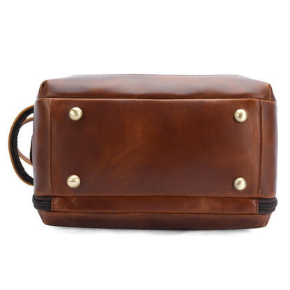 Polare Full Grain Leather Toiletry Bag for Men Large Travel Cosmetic Case Dopp Kit Shaving Kit Wash Pouch with YKK Zippers (Brown)