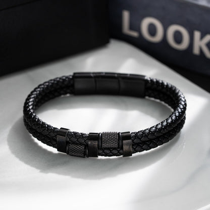 HAVRESSE black genuine leather bracelet for men with adjustable stainless steel magnetic clasp - multi-layer braided rope design - stylish bracelet for men Fits wrist sizes 6.1-7.5 inches.