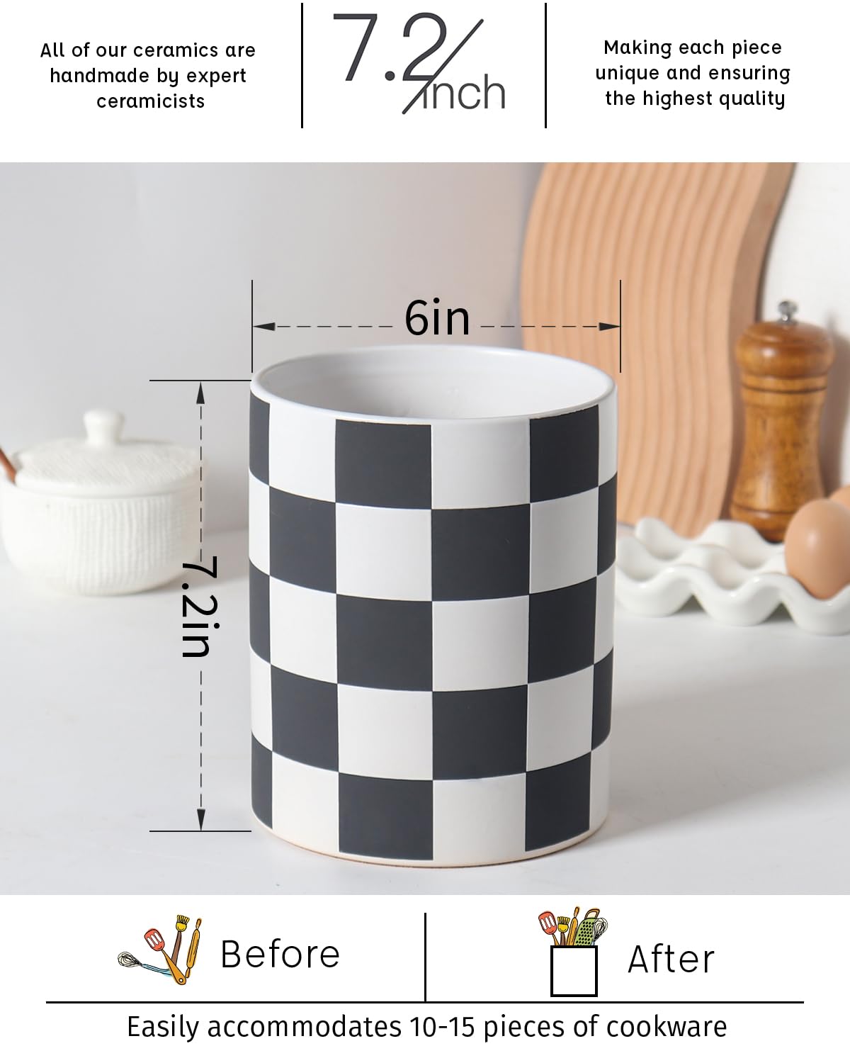 Swkien Checkered Kitchen Utensil Holder - 7.2" Ceramic Utensil Crock for Countertop, Kitchen Decor and Accessories for counte (Black)