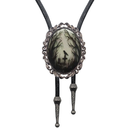 PEARLY JUN Gothic Bolo Tie for Men Women Cameo Western Cowboy Black Cat Bat Witch Vintage Halloween Jewelry Accessories Gifts (Black Cross Crow)