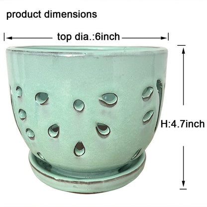 Beitewei Orchid Pots with Holes Round Ceramic Flower Container Succulent Plant Planter Butterfly Pot Saucer Windowsill Contemporary Home Decoration (6 Inch, Light Green)