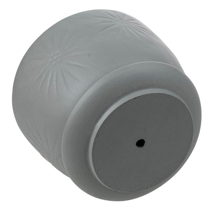 MyGift 7 Inch Grey Ceramic Plant Pot with Drainage Hole and Attached Saucer, Modern Decorative Embossed Sunburst Planter Container for Indoor Home Garden