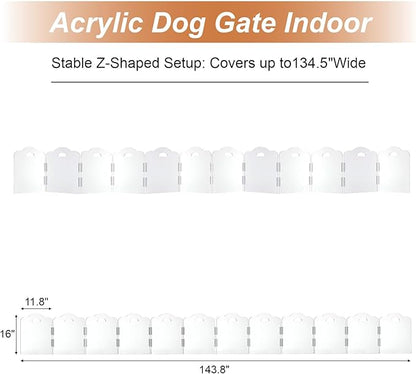 Transparent Acrylic Dog Gate Indoor, Free-Standing Pet Gate, 16" Height (Size S) Foldable 12 Modular Panels, Dog Fence for Doorways, Hallways, Stairs, No Drilling, Perfect for Puppies and Small Pets