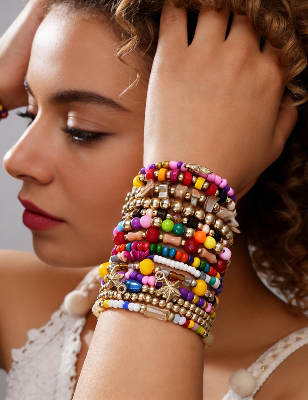 iF YOU 12 Pcs Boho Beaded Bracelets for Women, Brown Orange Bohemian Stackable Gold Bead Stretch Bracelets Stack Jewelry Gift (Colorful beaded bracelets)