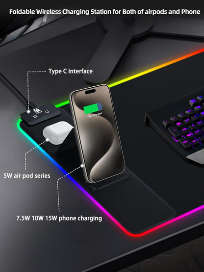 XXL Mouse Pad with Phone Holder - Black, RGB Desk Mat with 15W Fast Charging, LED Gaming Mousepad with 11 Light Colors, Waterproof Non-Slip Pad for Office & Home