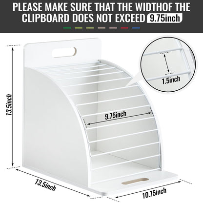 Wonderjune 1 Pcs Clipboard Holder Wooden Metal Clipboards Storage Rack with Raised Side Panel Clipboard Organization and Storage for Classroom Office School Teacher, White, Clip Boards Not Included