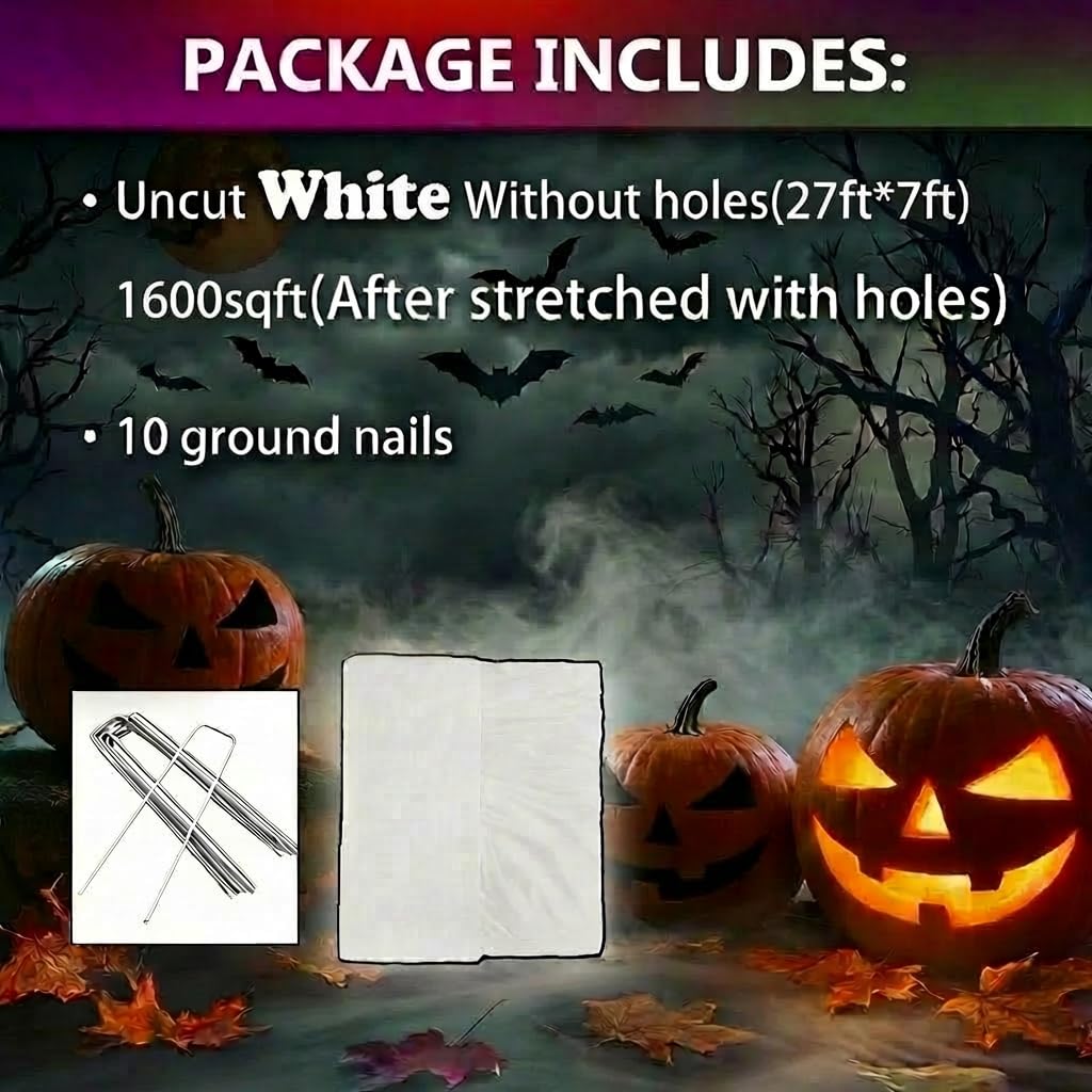 wymulot 1600 Sqft （After Streched with Holes） Uncut Giant Spider Web Halloween Decorations Outdoor with 10 Ground Nails Stretchy Beef Cloth Netting Cut-Your-Own Flexible Elastic for Yard Party Decor