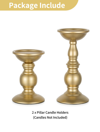 2 Pcs Gold Pillar Candle Holders, Gold Candlestick Most Ideal for 3" Pillar Candles, Gifts for Wedding, Party, Home, Spa, Reiki, Votive Candle (S + L)