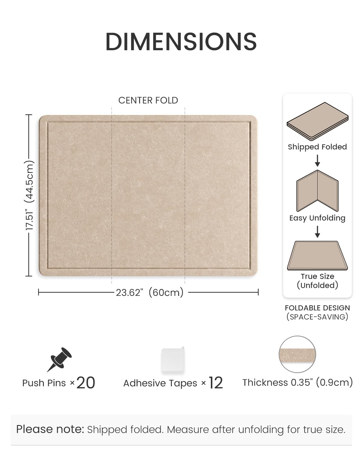 Fluxynara Bulletin Board, 23.6" x 17.5" Cork Board Alternative with 12 Safe Removable Adhesive Tabs, Foldable Felt Pin Board for Home Office, Classroom, Bedroom,Entryway for Walls—Taupe