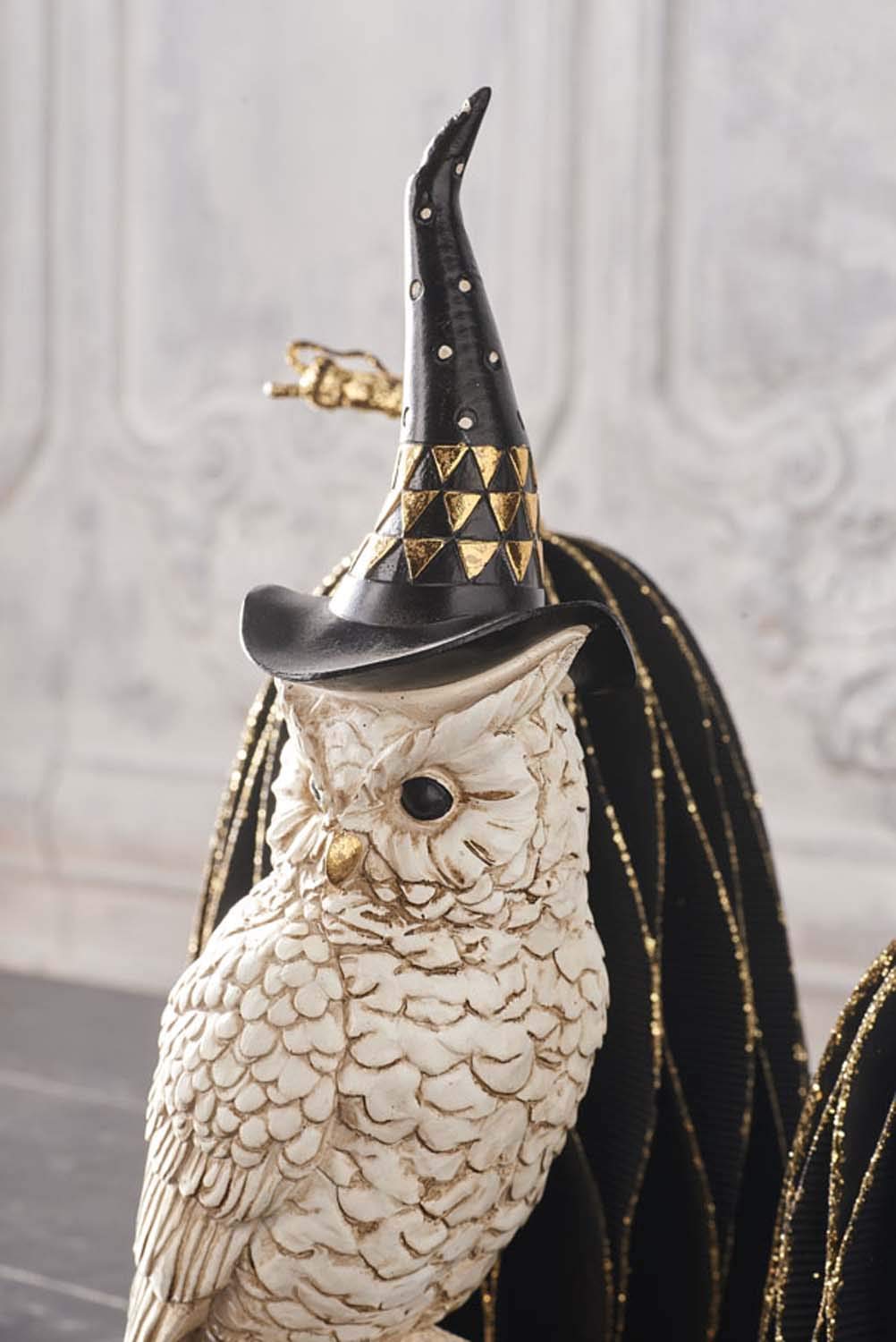 K&K Interiors 14 Inch White and Gold Owl with Witch Hat On Gold Jack O Lantern