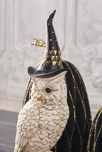 K&K Interiors 14 Inch White and Gold Owl with Witch Hat On Gold Jack O Lantern