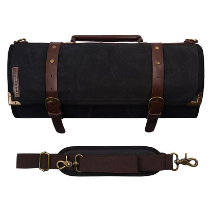 Manjushri Elegant and Light 12 Slots Professional Waxed Canvas & Genuine Leather Chef Knife Roll Bag Case with 4 Zipper Pouch Knife Organiser (Walnut Brown)