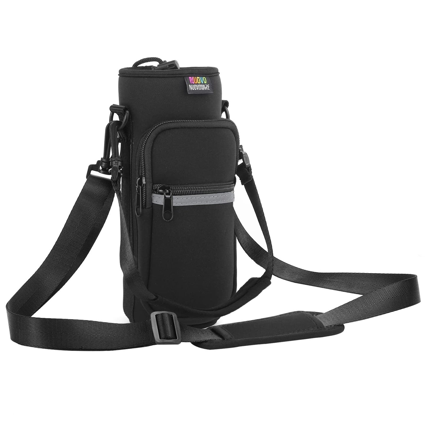 Nuovoware Water Bottle Carrier Bag, 25oz/32oz Bottle Pouch Holder, Adjustable Shoulder Hand Strap 2 Pocket Sling Neoprene Sleeve Sports Accessories for Hiking Travelling Camping, Black