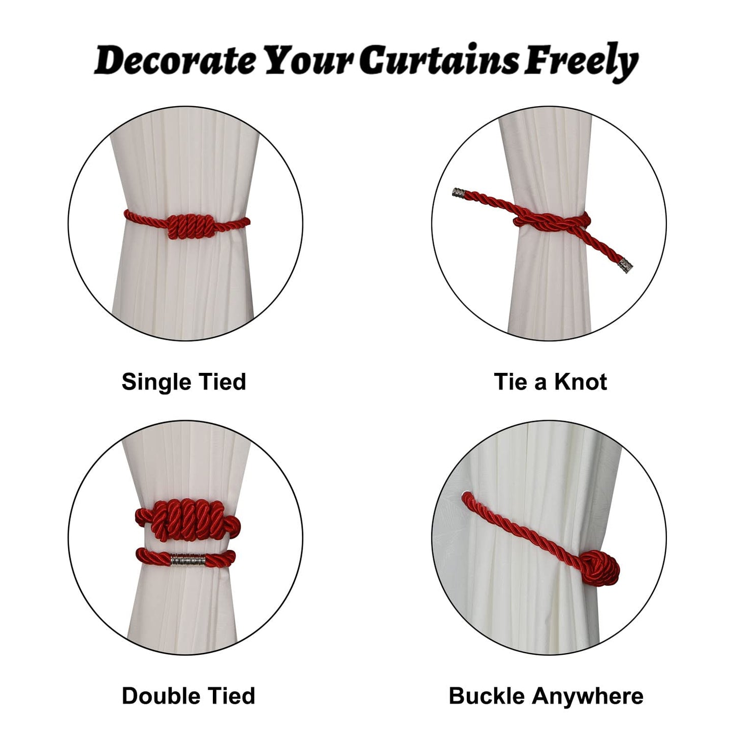 BEL AVENIR Magnetic Curtain Tiebacks, Decorative Drapery Holdbacks Modern Woven Tie-Backs with Exquisite Knot (Red, 4 Pack)