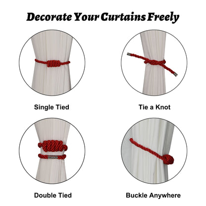 BEL AVENIR Magnetic Curtain Tiebacks, Decorative Drapery Holdbacks Modern Woven Tie-Backs with Exquisite Knot (Red, 4 Pack)