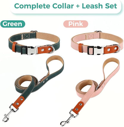 Dog Collar and Leash Set, PU Leather Dog Collar – Adjustable Eco-Friendly with Genuine Leather & Hemp, Soft Breathable Dog Collar Set for Small to Large Dogs (Green, M（12“-19”）)