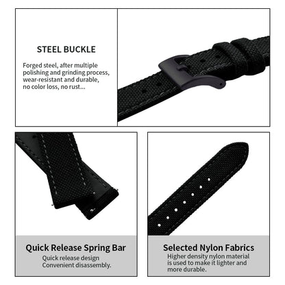 PTFULUOS Premium Soft Hybrid (Leather and Sailcloth) Watch Bands for Men Women,18mm 20mm 22mm Multiple Sizes Quick Release Replacement Watch Straps (Black-Black Buckle, 18 mm)
