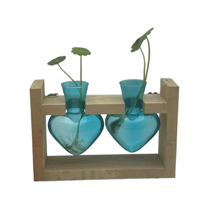 Luocute Heart Shaped Glass Vase, Plant Terrarium Propagation Station with Wooden Stand for Home Office Decor Hydroponics Garden