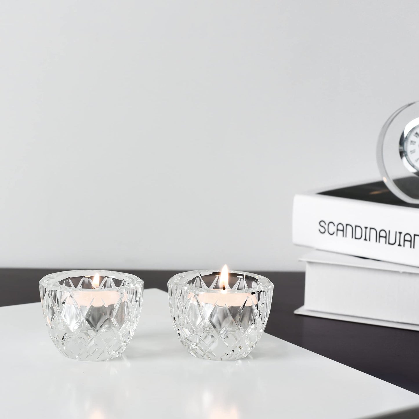 Donoucls Crystal Tealight Candle Holder Pack of 2 Party Dinner Hand-Cut 2.4'' X 1.7'' Clear