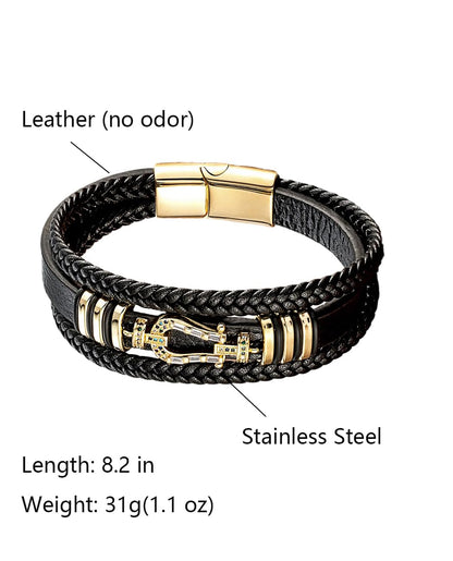 Kim Carrey Italian Handmade Genuine Leather Bracelets for Men Stainless Steel Clip, Men's Casual Genuine Multi-layer Cuff Bracelet, Bracelet Gift for Real Men (Horseshoe)