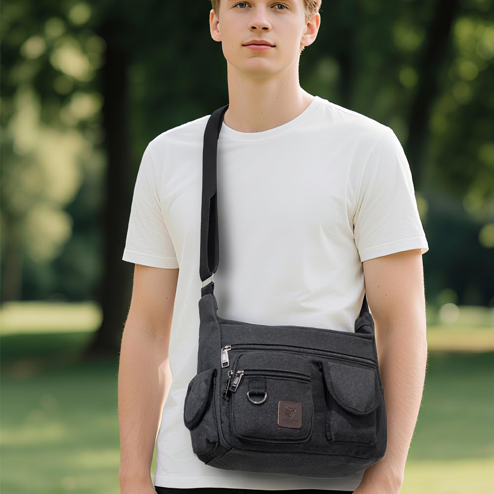 LEBULLBRO Canvas Shoulder Bag for Mens Multi-pockets 13 inch Laptop Messenger Bag Sling Bags School Crossbody Bags Travel (Black)