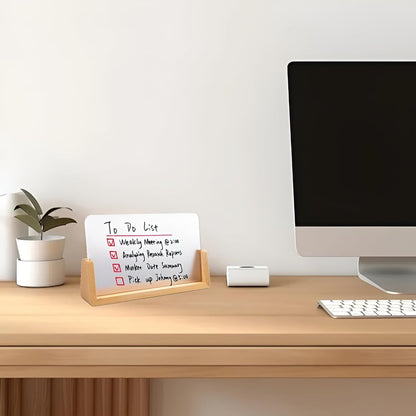 Desktop Glass Whiteboard with Wood Base, 8.46" x5.12" Small Desk Dry Erase Board Mini Whiteboard for Office Home, Accessories Included
