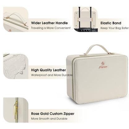 Faquenc Leather Makeup Case with LED Lighted Mirror 11.4 Inch Travel Makeup Bag Adjustable Brightness in 3 Colors Cosmetic Organizer Artist Storage Bag with Dividers Brush Holder Bag Vanity White