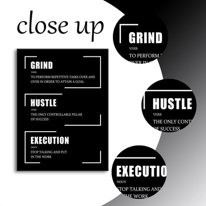 Motivational Canvas Wall Art Grind Hustle Execution Entrepreneur Quotes Poster Print Inspirational Pictures Painting for Office Class Room School Wall Decoration Stretched and Framed [18''Wx24''H]