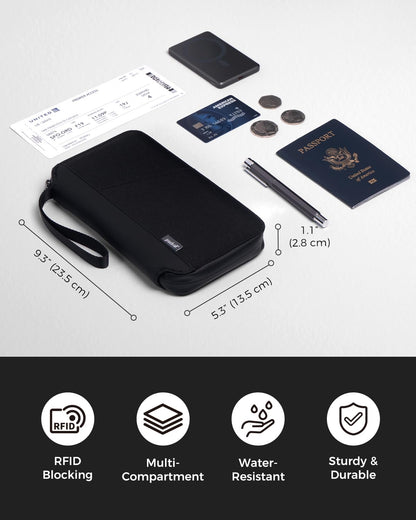 pack all Travel Passport Holder with RFID Blocker, Water-Resistant Passport Wallet with Wrist Strap, Multiple Family Airplane Document Organizer for Cards, Boarding Pass, ID, Cash, Tickets