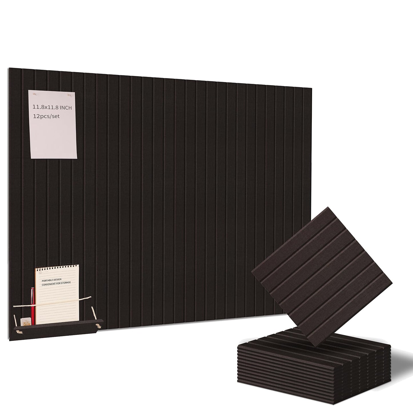 12 Pack Bulletin Boards 48" x 36" Alternative Cork Board for Office,Built-in Storage Device，Large Cork Boards for Walls ， Felt Wall Tiles, Contains Removable Security Stickers and PushPins (V-Black)