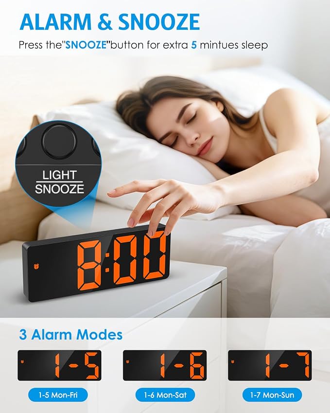 AMIR Digital Alarm Clock Large Display, LED Alarm for Bedroom, USB/Battery Powered Bedside Alarm Clock with Snooze, 12/24H, 3 Adjustable Brightness, Temperature, Electric Desk Clock for Home, Office