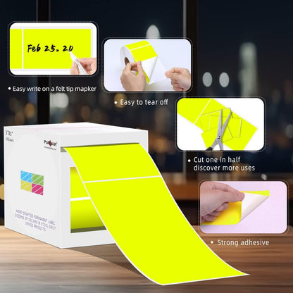 PARLAIM 3" x 5" Rectangle Adhesive Color Code Stickers,500 per Dispenser Box Roll Square Label Inventory Stickers (Fluorescent Yellow)