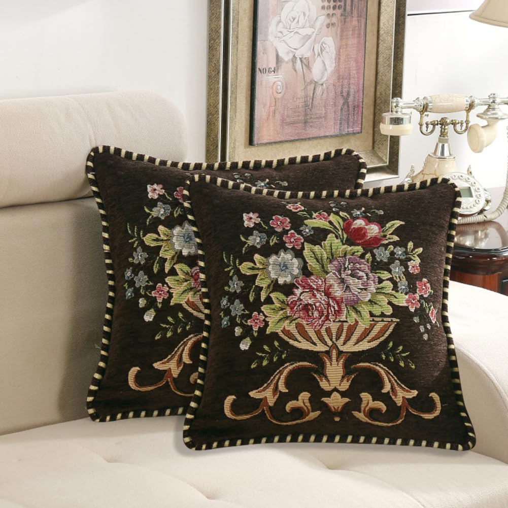 Qupace Set of 2 Brown Vintage Embroidered Throw Pillow Covers 18x18in,Floral Cushion Cover for Sofa Couch Bedroom,Coffee Pillow Covers