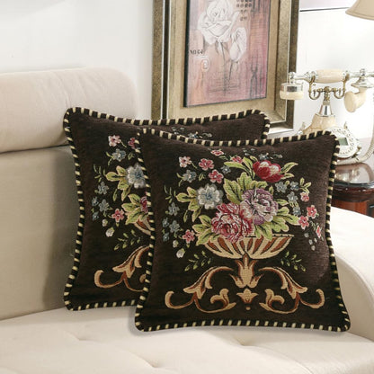 Qupace Set of 2 Brown Vintage Embroidered Throw Pillow Covers 18x18in,Floral Cushion Cover for Sofa Couch Bedroom,Coffee Pillow Covers