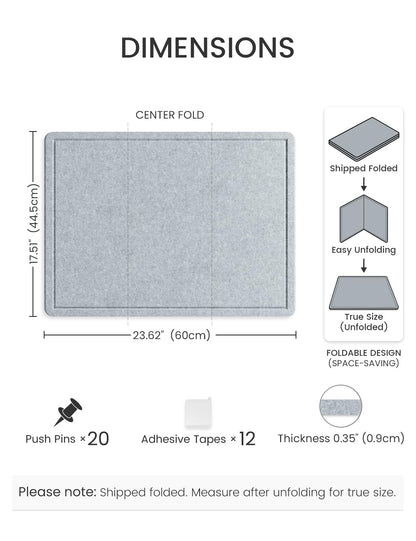 Fluxynara Bulletin Board, 23.6" x 17.5" Cork Board Alternative with 12 Safe Removable Adhesive Tabs, Foldable Felt Pin Board for Home Office, Classroom, Bedroom,Entryway for Walls—Blue Gray