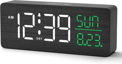 Peakeep Wooden Digital Alarm Clock Large Display, Textured Decoration for Bedroom, Living Room, Plug in Clock with Time Date Day, 5 Brightness, Auto DST