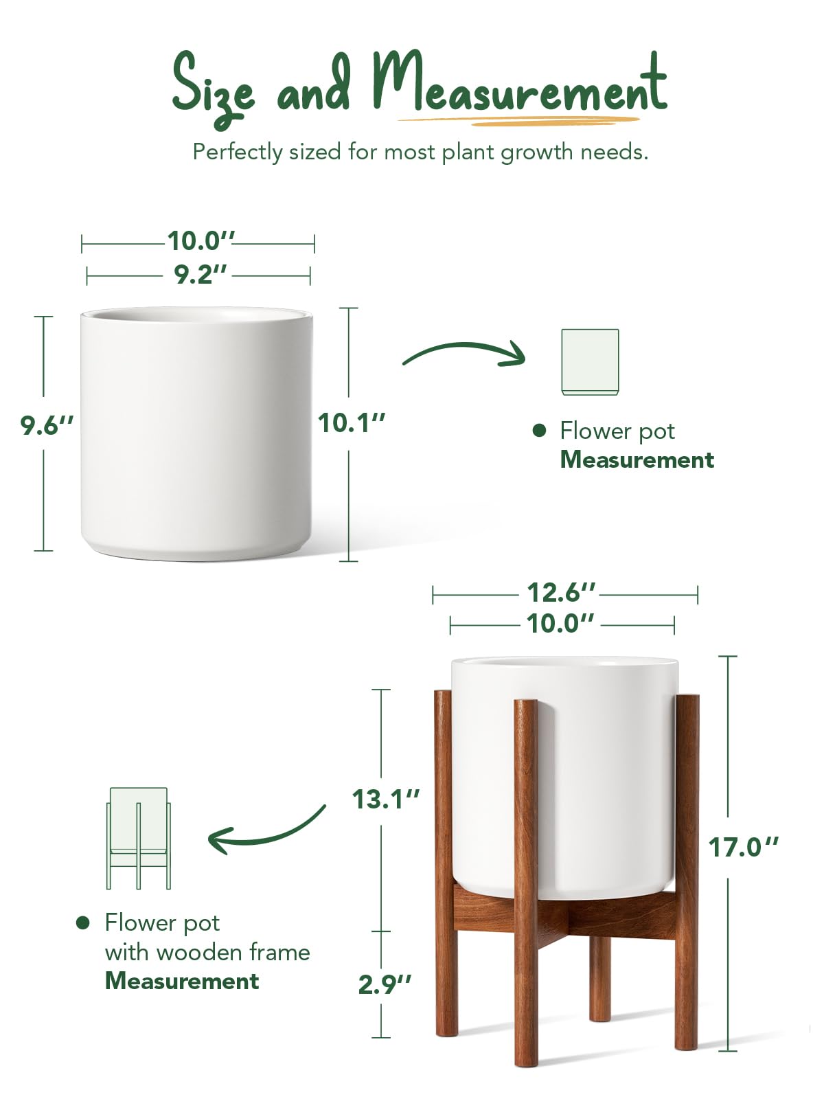 LE TAUCI 10 Inch Planter with Acacia Wood Stand, Ceramic Planter for Indoor Plants with Plant Holder, Mid-Century Modern Home Decor, Round Flower Pots with Drainage Hole, White