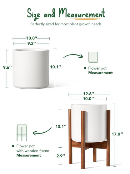 LE TAUCI 10 Inch Planter with Acacia Wood Stand, Ceramic Planter for Indoor Plants with Plant Holder, Mid-Century Modern Home Decor, Round Flower Pots with Drainage Hole, White