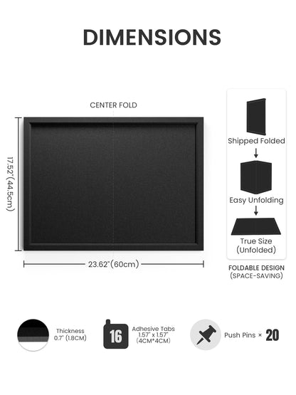Fluxynara Foldable Cork Board Alternative, Felt Bulletin Board 23.6" x 17.5" Black Frame with 12 Adhesive Tabs, Pin Board for Home Office, Classroom, Entryway, Kitchen Wall Decor—Black
