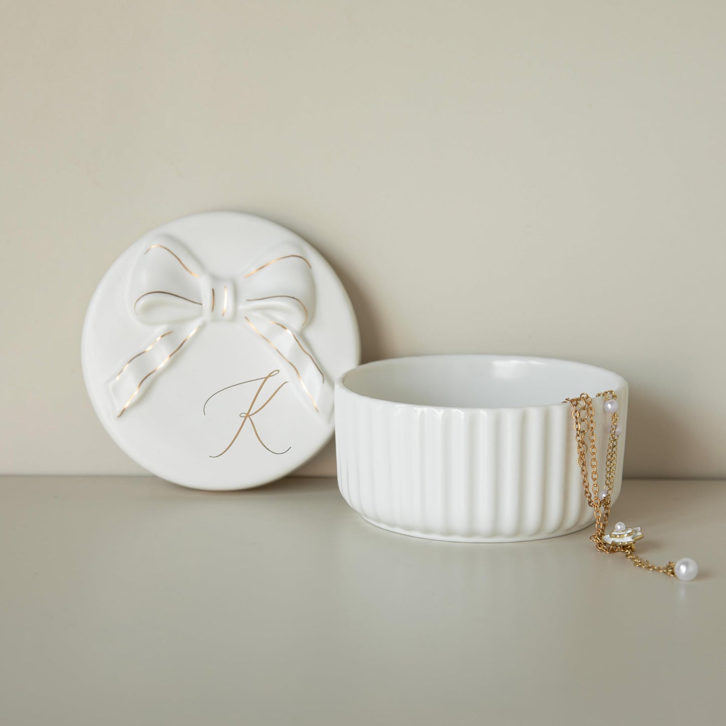 COLLECTIVE HOME Monogram Ceramic Jewelry Box with Bow - Small Jewelry Dish, Elegant Birthday, Graduation, Christmas & Women's Day Gifts (K)