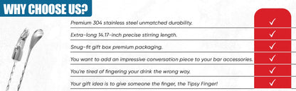 National Finger Company, Finger Cocktail Stirrer, Tipsy Finger, 36 cm, Stainless Steel Life-Size Finger Spoon, Funny Bar Spoon, Novelty Cocktail Stirrer, Gag Gift, Quirky Bar Tool