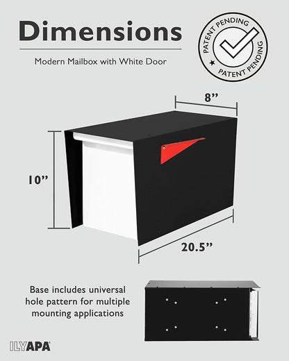 Ilyapa Modern Mailbox for Post Mount - Black with White Door Powder Coated Steel, Waterproof Letter Box for Parcels, with Recessed Magnetic Close Door
