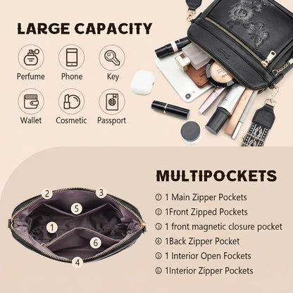VIMUTI Crossbody Bags for Women Trendy, Lightweight Purses for Women Embossed Design Shoulder Handbags with Guitar Strap (Black)