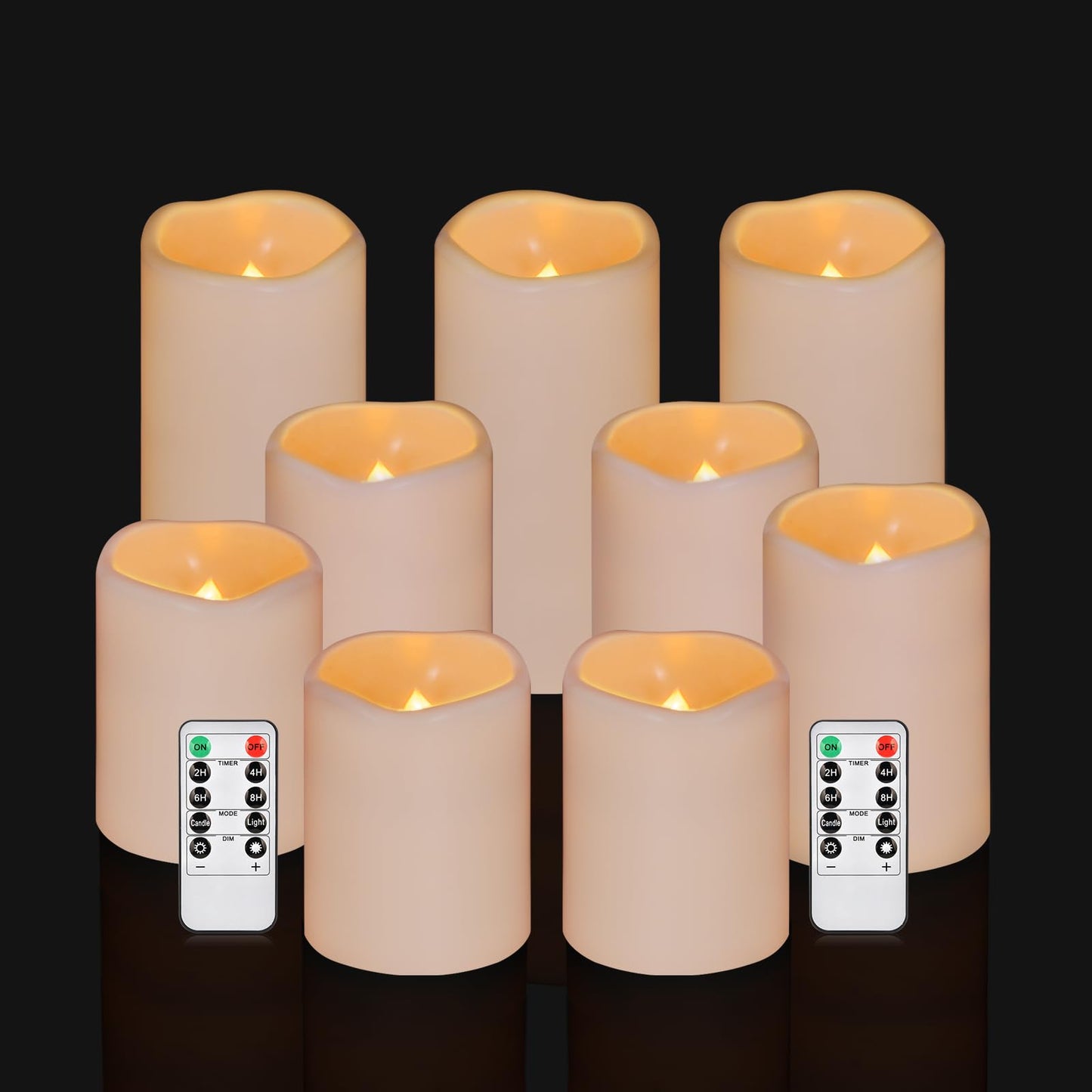 Flameless Candles 4" 5" 6" Outdoor Indoor Pillars Battery Operated Flickering Candles Include 10-Key Remote Timer 400+ Hours by 2 AA Batteries (Ivory Candle - Warm light, 3"D x 4"|5"|6" H - 9 Pack)