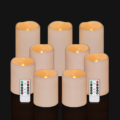 Flameless Candles 4" 5" 6" Outdoor Indoor Pillars Battery Operated Flickering Candles Include 10-Key Remote Timer 400+ Hours by 2 AA Batteries (Ivory Candle - Warm light, 3"D x 4"|5"|6" H - 9 Pack)