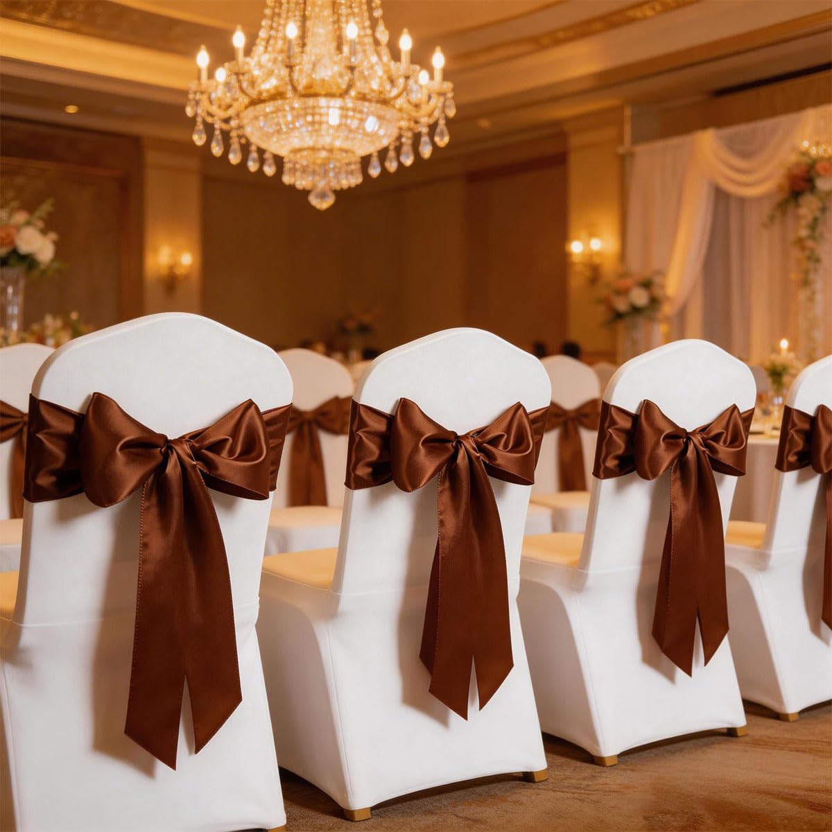 MAGTOWNE Brown Chair Sashes 50 Pack, Chocolate Satin Chairs Bows Ribbons for Party Wedding, Universal Ties Knots for Folding Chairs Decor