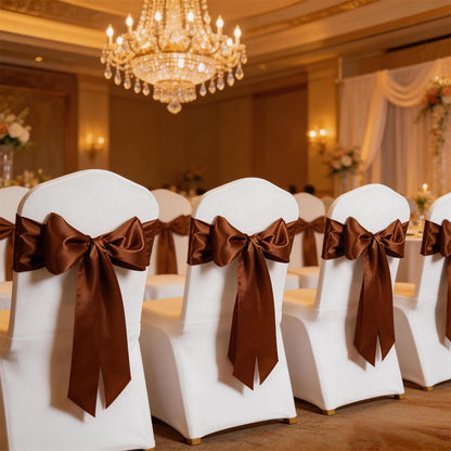 MAGTOWNE Brown Chair Sashes 50 Pack, Chocolate Satin Chairs Bows Ribbons for Party Wedding, Universal Ties Knots for Folding Chairs Decor