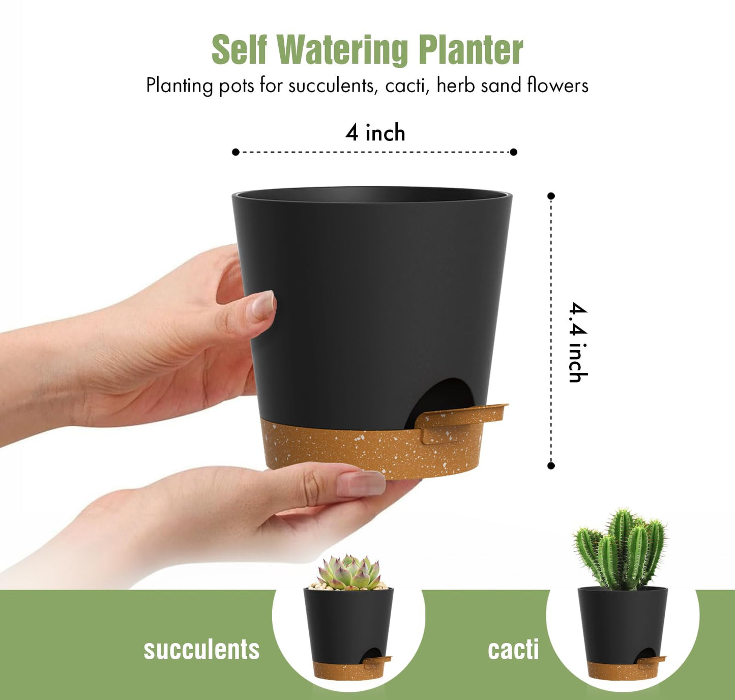 WSMKSZ 4 inch Self Watering Pots for Indoor Outdoor Plants, 6 Pack Plastic Flower Planters with Drainage Holes and Removable Saucers, Plant Pots with Wicking Rope, Modern Decor, Black Brown