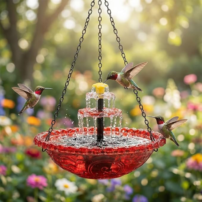 Solar Cascade Hanging Bird Bath Fountain, New Hanging Bird Bath with Flowing Water, Bird Bath Fountain Decorative Garden Yard Patio for Outdoor (Red)