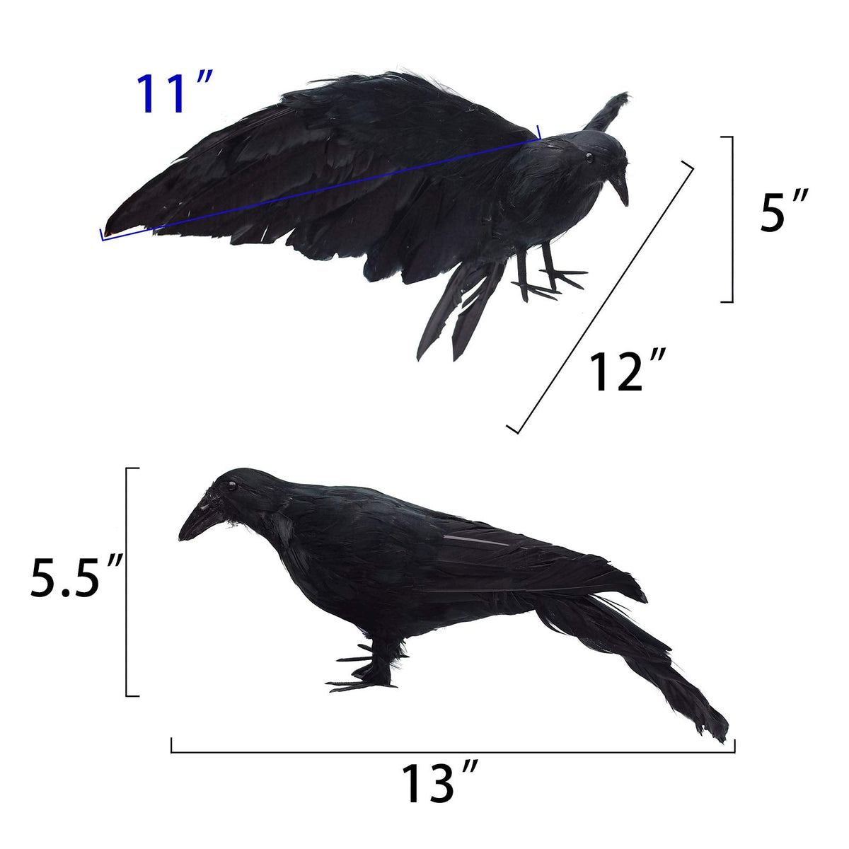 Etistta 2-Pack Realistic Crows Lifesize Extra Large Handmade Black Feathered Crow for Halloween Decorations Birds, L (13 inch+12 inch)